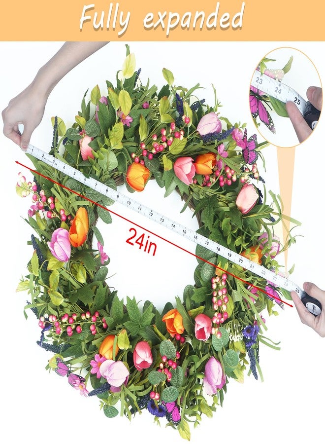 lokeisna 24" Wreaths for Front Door, Wreath with Tulip Wreath, Butterfly, Lavender and Eucalyptus, Vivid Artificial Floral for Wall Window Farmhouse Party Holiday Home Décor - Image 2