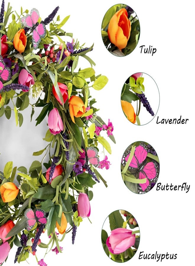 lokeisna 24" Wreaths for Front Door, Wreath with Tulip Wreath, Butterfly, Lavender and Eucalyptus, Vivid Artificial Floral for Wall Window Farmhouse Party Holiday Home Décor - Image 3