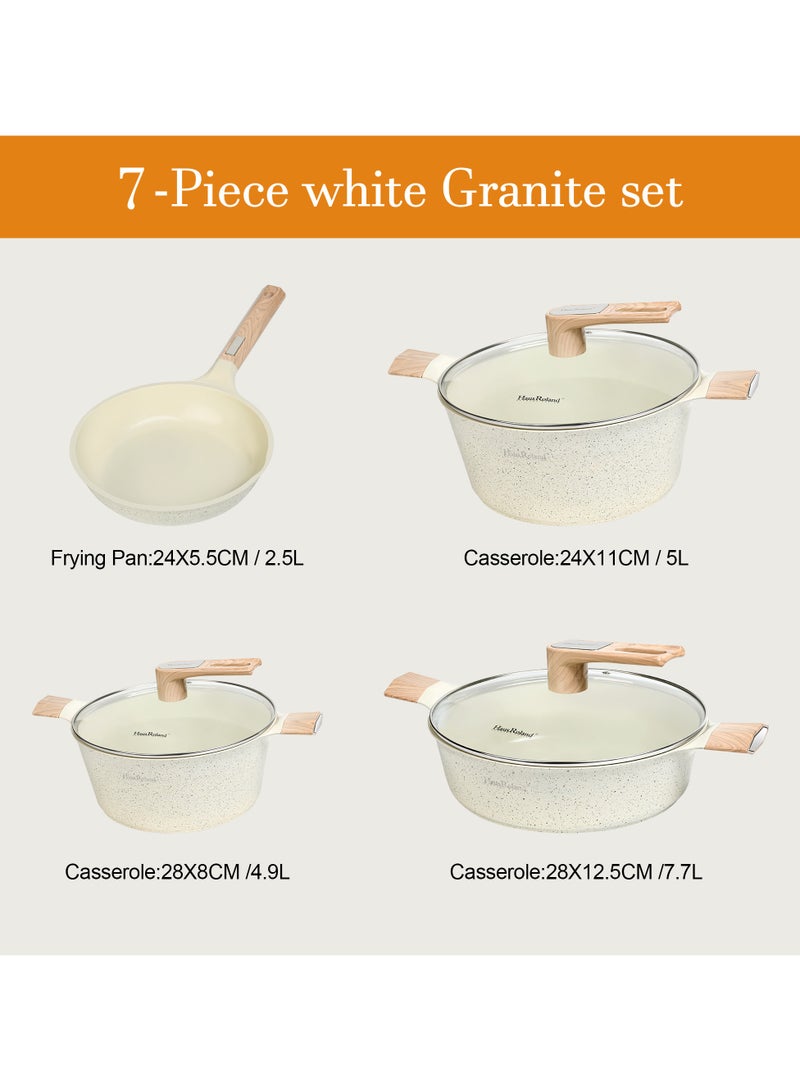 هوسرولاند طقم أواني وأواني من 7 قطع ، طقم أواني طهي مطلية بالألمنيوم بالجرانيت ، طقم طهي غير لاصق للمطبخ ، وعاء مع غطاء ، قدر ، مقلاة ، خالي من حمض بيرفلورو الأوكتانويك (PFOA) - Image 2