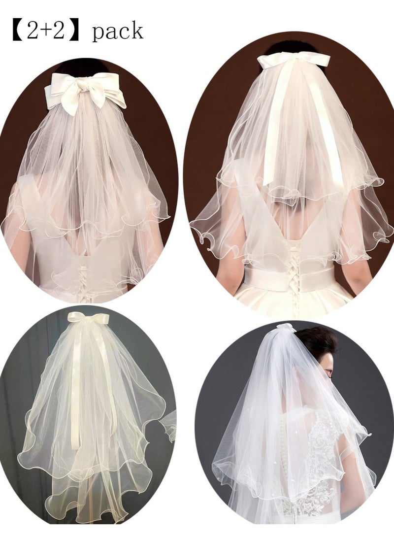 NIBEMINENT 4-Piece Bride Bow Veil Headband with Hair Clip Barrette for Wedding Engagement Bride to Be Bridal Shower Bachelorette - Image 1