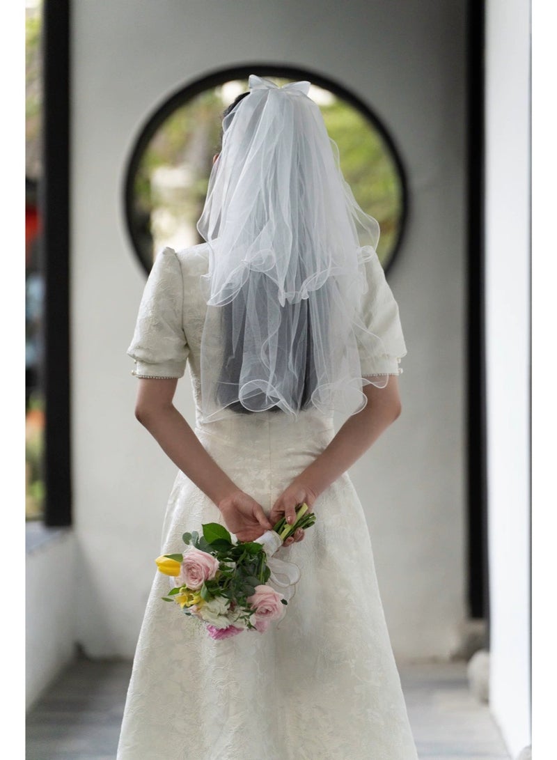 NIBEMINENT 4-Piece Bride Bow Veil Headband with Hair Clip Barrette for Wedding Engagement Bride to Be Bridal Shower Bachelorette - Image 4