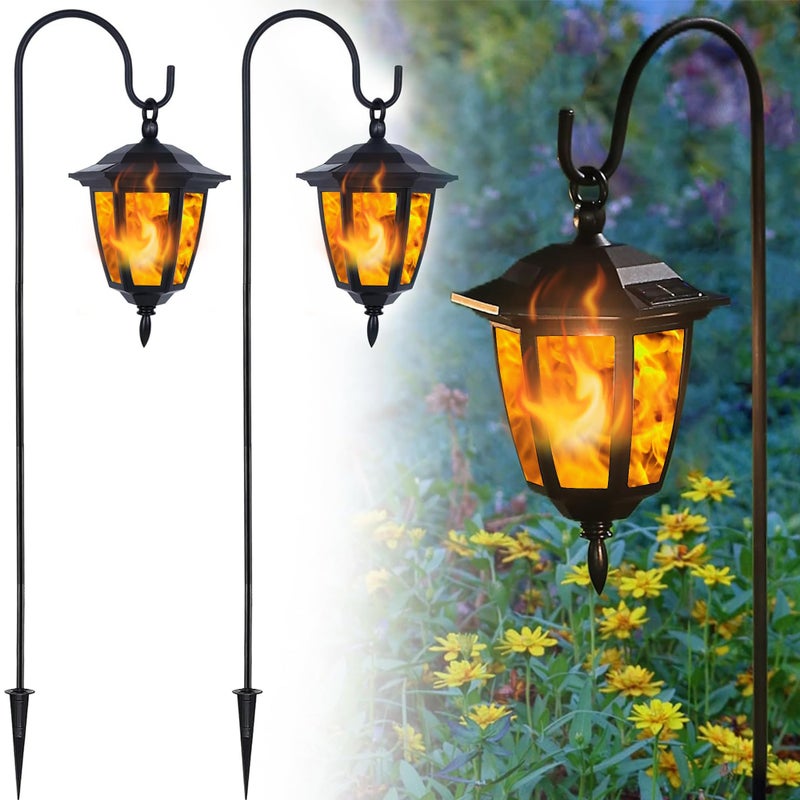 Dynaming 2 Pack Solar Flame Hanging Lights Outdoor, Solar Flickering Flame LED Garden Lanterns with 2 x 38 Inch Shepherd Hooks, Landscape Lighting Waterproof for Lawn Patio Yard Pathway Driveway - Image 1