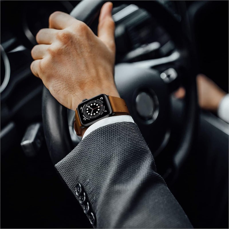 سوار OUHENG المتوافق مع Apple Watch مقاس 45مم 44مم 42مم 41مم 40مم 38مم، سوار بديل من الجلد الطبيعي لساعة iWatch SE والسلسلة 7 6 5 4 3 2 1 - Image 5