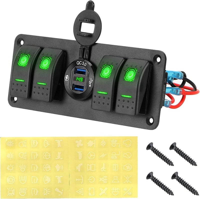 Wivplex 4 Gang Car Switch Panel with Digital Voltmeter and Dual USB Outlet - Image 1