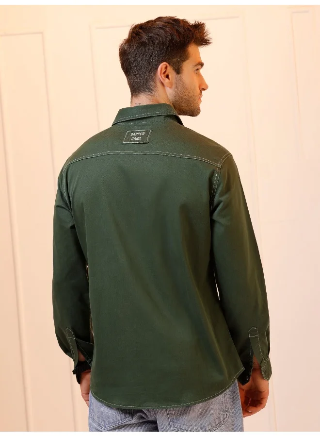 Beyoung Forest Green Contrast Stitch Urban Shirt for Men
