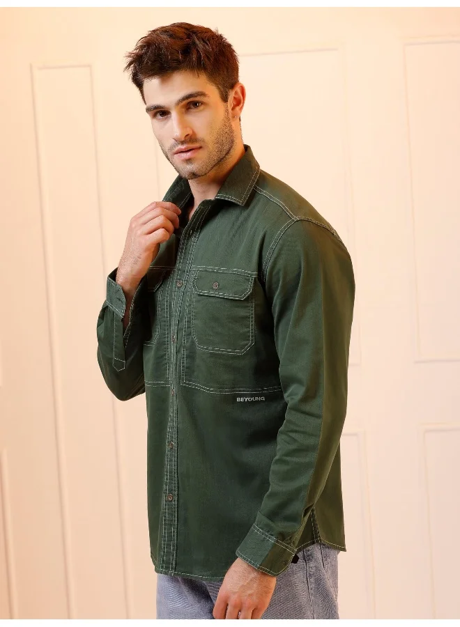 Beyoung Forest Green Contrast Stitch Urban Shirt for Men