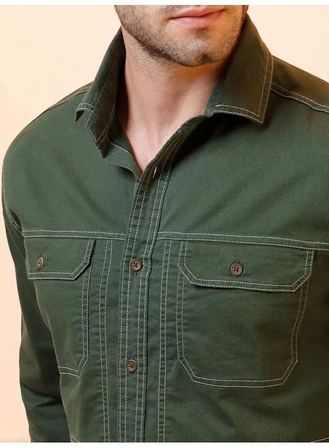 Beyoung Forest Green Contrast Stitch Urban Shirt for Men