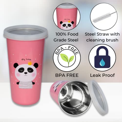 PDDFALCON Stainless Steel Panda Cartoon Print Glass/Tumbler With Steel Straw,Cleaning Brush & Food Grade Cap for Straw, 100% Leak Proof, BIS Certified, Jindal Seal & Made In India- 450ml (Pink) - Image 3