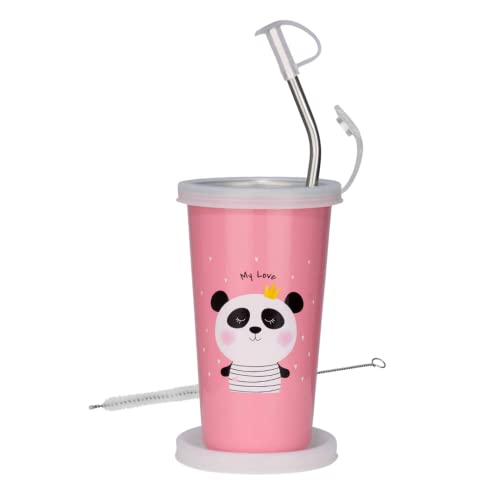 PDDFALCON Stainless Steel Panda Cartoon Print Glass/Tumbler With Steel Straw,Cleaning Brush & Food Grade Cap for Straw, 100% Leak Proof, BIS Certified, Jindal Seal & Made In India- 450ml (Pink) - Image 1