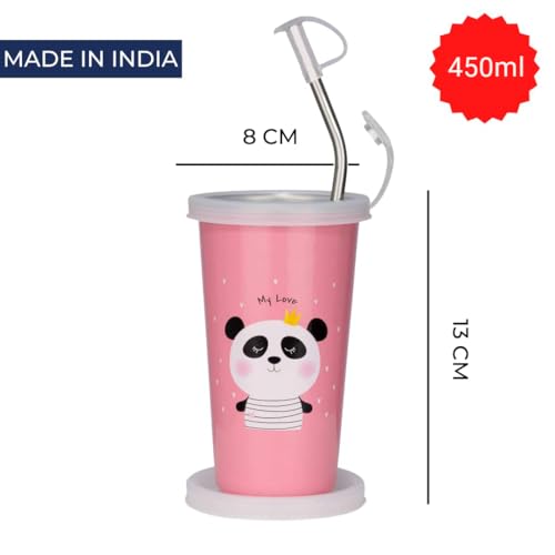 PDDFALCON Stainless Steel Panda Cartoon Print Glass/Tumbler With Steel Straw,Cleaning Brush & Food Grade Cap for Straw, 100% Leak Proof, BIS Certified, Jindal Seal & Made In India- 450ml (Pink) - Image 2