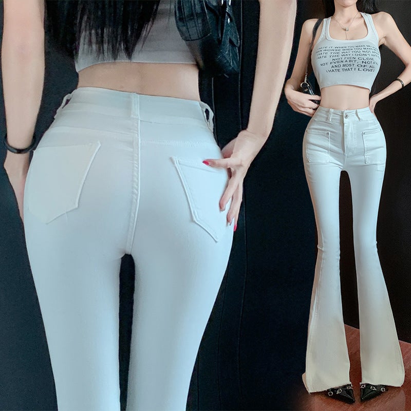 Real S Spice Girls White High Waist Pocket Full Hip Jeans Women'S Bag Hip Slimming Slight Lapping Long Pants - Image 4
