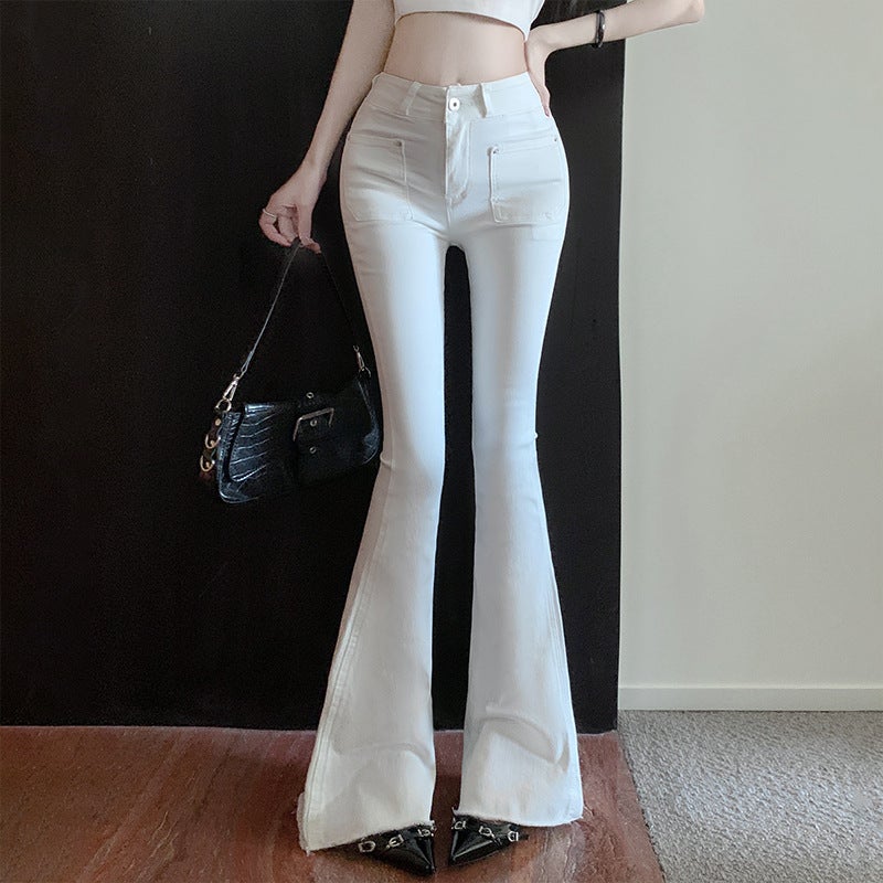 Real S Spice Girls White High Waist Pocket Full Hip Jeans Women'S Bag Hip Slimming Slight Lapping Long Pants - Image 1