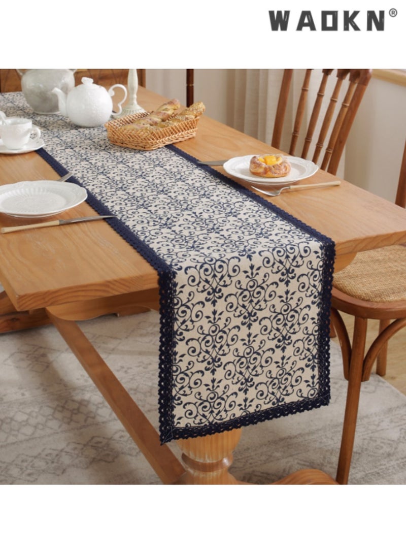 WAOKN Elegant Cotton Linen Single Layer Table Runner with Blue Pattern and Border, Long Table Scarf, Ideal for Enhancing Your Dining Experience, Perfect for Home and Special Occasions, 30*180 CM - Image 2
