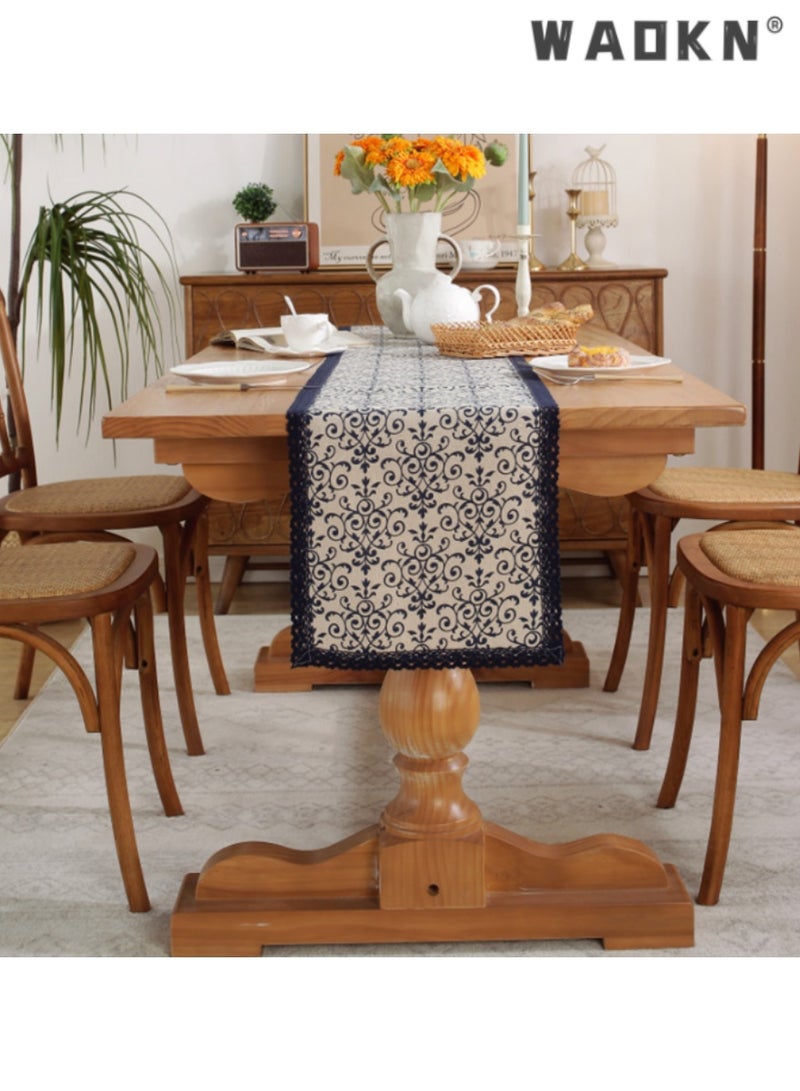 WAOKN Elegant Cotton Linen Single Layer Table Runner with Blue Pattern and Border, Long Table Scarf, Ideal for Enhancing Your Dining Experience, Perfect for Home and Special Occasions, 30*180 CM - Image 1