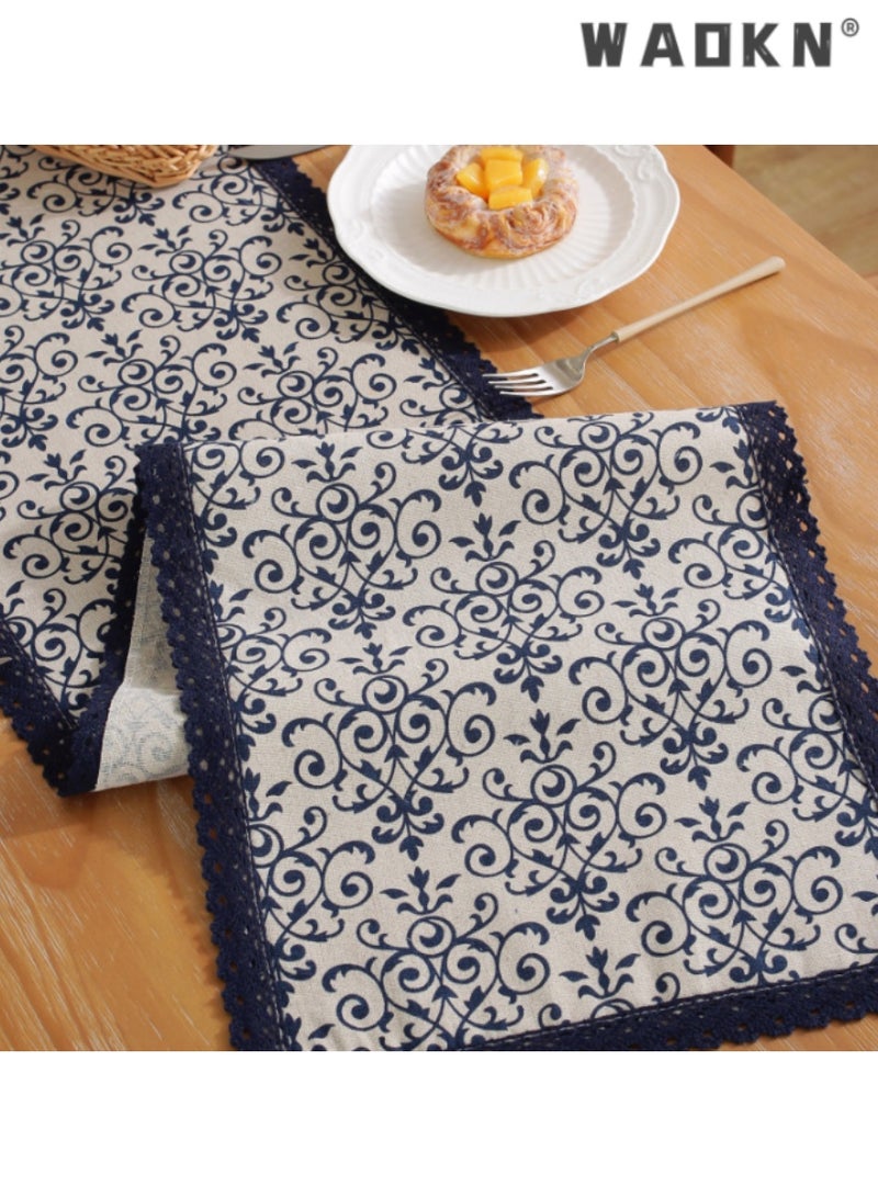 WAOKN Elegant Cotton Linen Single Layer Table Runner with Blue Pattern and Border, Long Table Scarf, Ideal for Enhancing Your Dining Experience, Perfect for Home and Special Occasions, 30*180 CM - Image 5