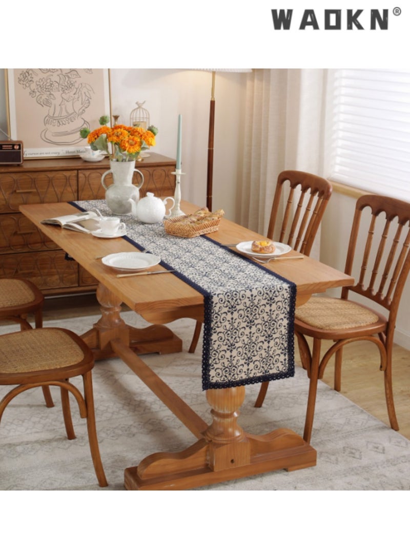 WAOKN Elegant Cotton Linen Single Layer Table Runner with Blue Pattern and Border, Long Table Scarf, Ideal for Enhancing Your Dining Experience, Perfect for Home and Special Occasions, 30*180 CM - Image 4