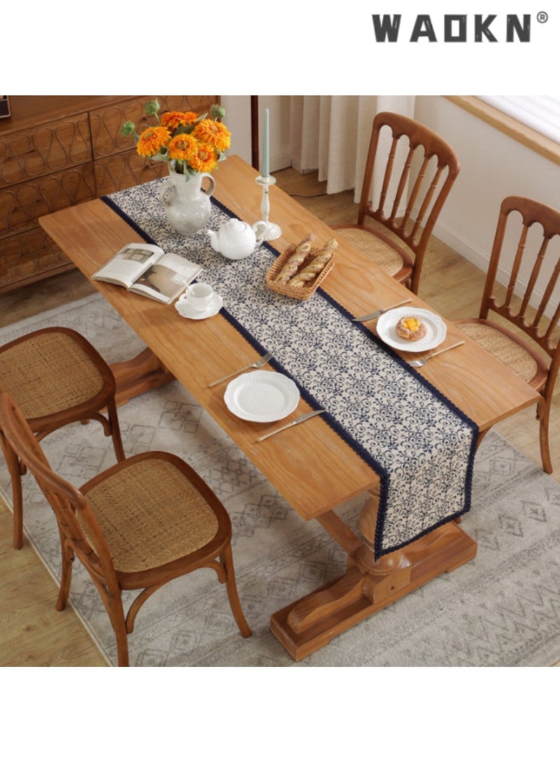 WAOKN Elegant Cotton Linen Single Layer Table Runner with Blue Pattern and Border, Long Table Scarf, Ideal for Enhancing Your Dining Experience, Perfect for Home and Special Occasions, 30*180 CM - Image 3