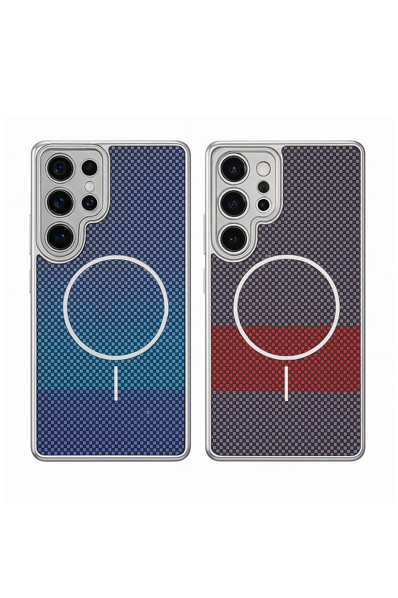 كايس كلوب غطاء حماية مزدوج لهاتف سامسونج جالاكسي S24 ألترا - غطاء واقٍ متوافق مع ماج سيف بنسيج ألياف الكربون - عبوة مزدوجة (أزرق متدرج وأحمر مخطط)