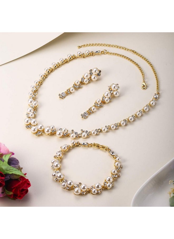 EVER FAITH Wedding Jewelry Sets Cream Simulated Pearl Crystal Bridal Necklace Earrings Bracelet Set Goldtone  - Image 4