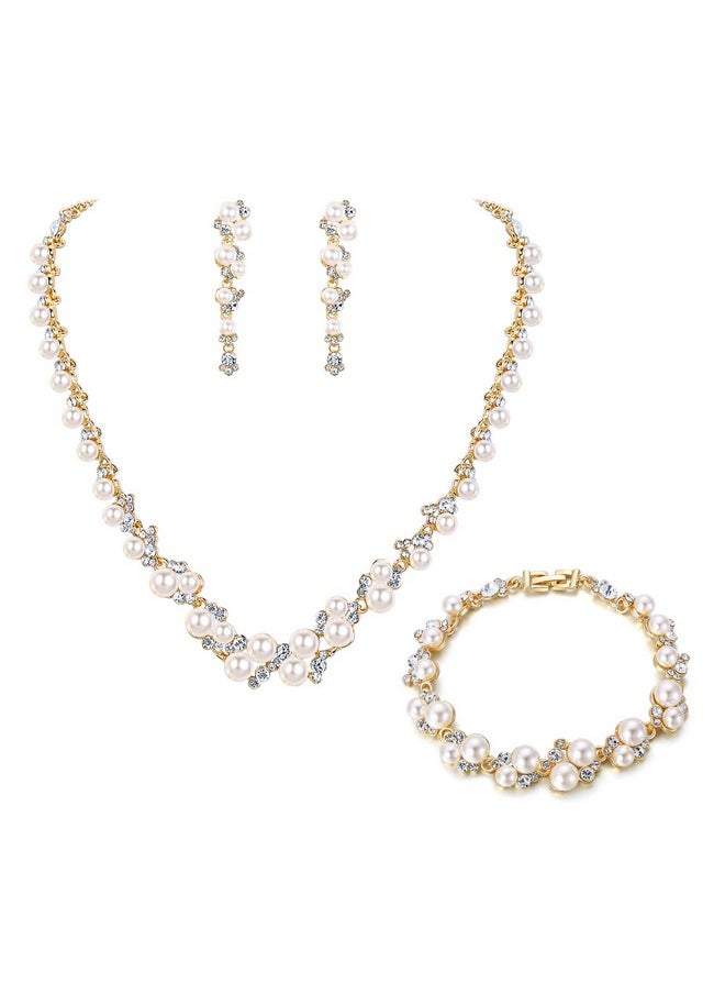 EVER FAITH Wedding Jewelry Sets Cream Simulated Pearl Crystal Bridal Necklace Earrings Bracelet Set Goldtone  - Image 1
