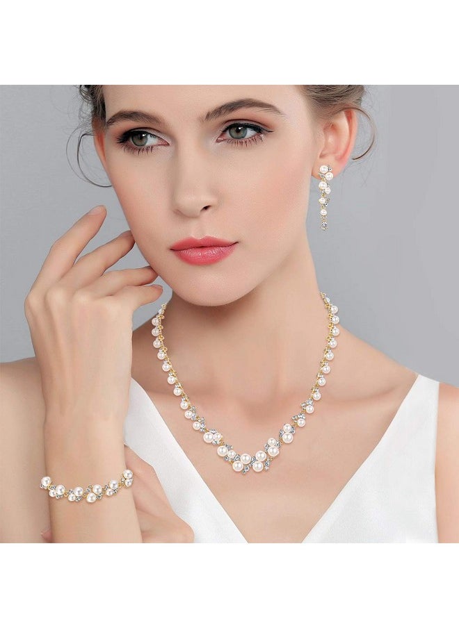 EVER FAITH Wedding Jewelry Sets Cream Simulated Pearl Crystal Bridal Necklace Earrings Bracelet Set Goldtone  - Image 2