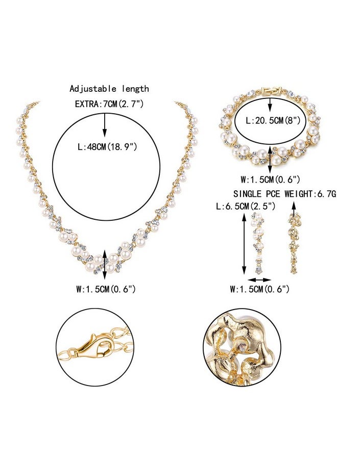 EVER FAITH Wedding Jewelry Sets Cream Simulated Pearl Crystal Bridal Necklace Earrings Bracelet Set Goldtone  - Image 5