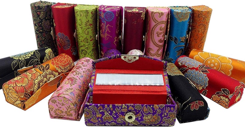 حافظة أحمر شفاه كوميكفس 12 قطعة / مجموعة حافظة أحمر شفاه مع مرآة، قماش ساتان حريري بتصميم رائع، ألوان متنوعة عشوائية، صندوق مجوهرات