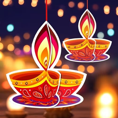 TOYXE Ceiling Hanging 3D Deepak Dual Sided Printed for Diwali Decoration Set of 5 Pcs - Image 1
