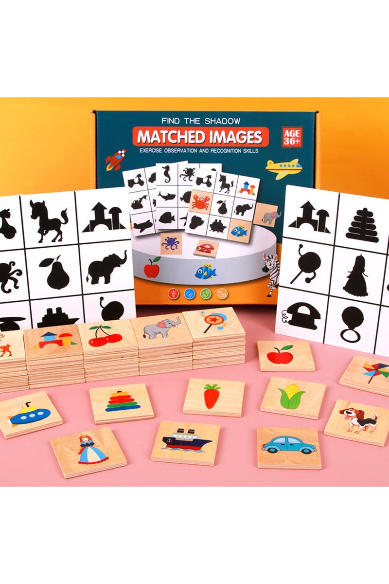 لعبة مونتيسوري لمطابقة الأشكال، تتكون من 10 بطاقات و45 مكعبًا، تتضمن البحث عن الظلال المتطابقة بين صور الحيوانات والفواكه.