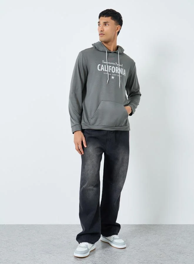 Take Two Take Two Men Grey Graphic Print Hoodie with Front Pocket
