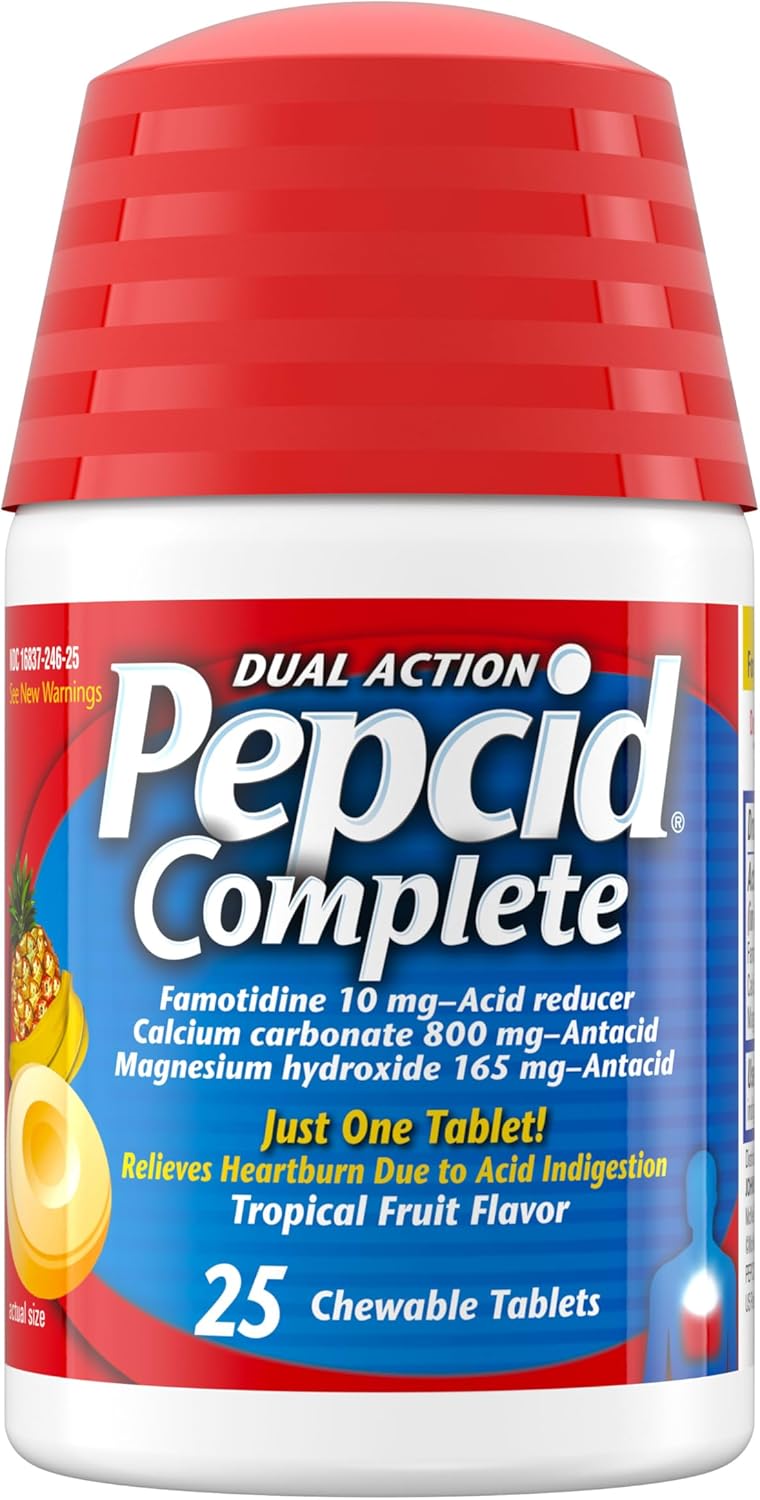 Pepcid Pepcid Complete Acid Reducer + Antacid Chewables, 10mg Famotidine, 800mg Calcium Carbonate & 165mg Magnesium Hydroxide per Heartburn Medicine Tablet, Antacid Chews, Tropical Fruit, 25 ct 