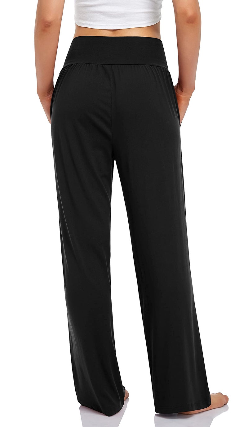 UEU Women's Wide Leg Comfy Stretch High Waist Yoga Pants Casual Loose Fit Home Lounge Sports Athletic Sweat Pants with Pockets(Black,L) - Image 3