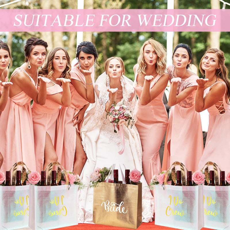 Cindeer 12 Pcs Let's Go Girls Bridesmaid Bags Holographic Bachelorette Gift Bags Glossy Reusable Grocery Bags Retro Disco Cowgirl Bags for Bridal Western Party Favors(Gold  I Do Crew) - Image 1