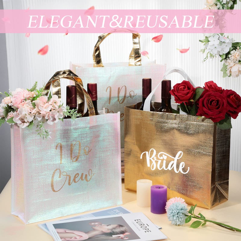 Cindeer 12 Pcs Let's Go Girls Bridesmaid Bags Holographic Bachelorette Gift Bags Glossy Reusable Grocery Bags Retro Disco Cowgirl Bags for Bridal Western Party Favors(Gold  I Do Crew) - Image 3
