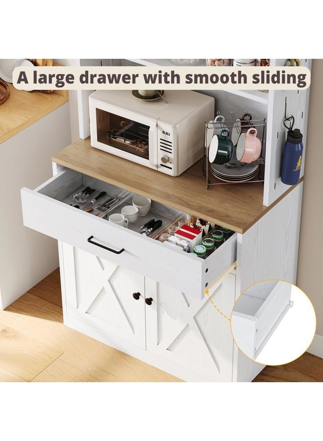 IRONCK Bakers Rack Microwave Stand with Storage and Pegboard, 71" Farmhouse Kitchen Pantry with Drawer, Barn Doors, Adjustable Shelves for Kitchen, Dining Room, Living Room, White - Image 5