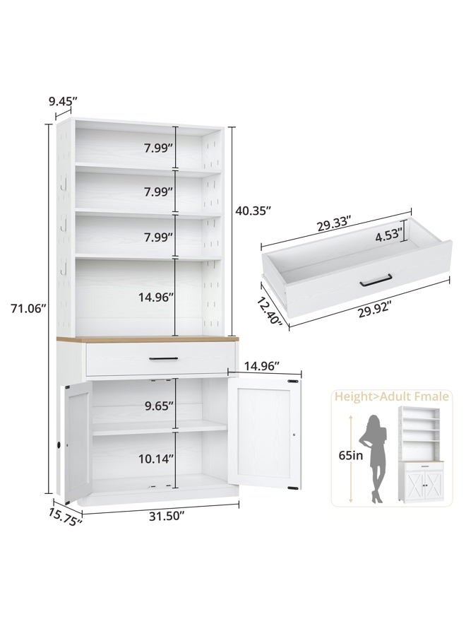 IRONCK Bakers Rack Microwave Stand with Storage and Pegboard, 71" Farmhouse Kitchen Pantry with Drawer, Barn Doors, Adjustable Shelves for Kitchen, Dining Room, Living Room, White - Image 2
