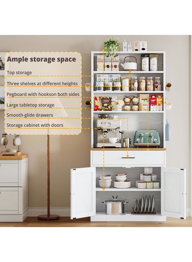 IRONCK Bakers Rack Microwave Stand with Storage and Pegboard, 71" Farmhouse Kitchen Pantry with Drawer, Barn Doors, Adjustable Shelves for Kitchen, Dining Room, Living Room, White - Image 3