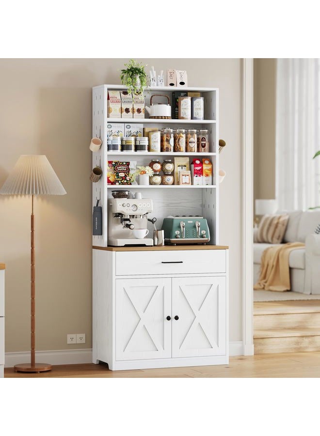 IRONCK Bakers Rack Microwave Stand with Storage and Pegboard, 71" Farmhouse Kitchen Pantry with Drawer, Barn Doors, Adjustable Shelves for Kitchen, Dining Room, Living Room, White - Image 1