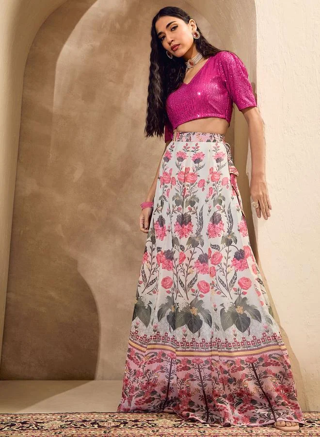 SASSAFRAS Sassafras Pink Sequins Crop Top with Floral Anarkali Skirt Co-Ords