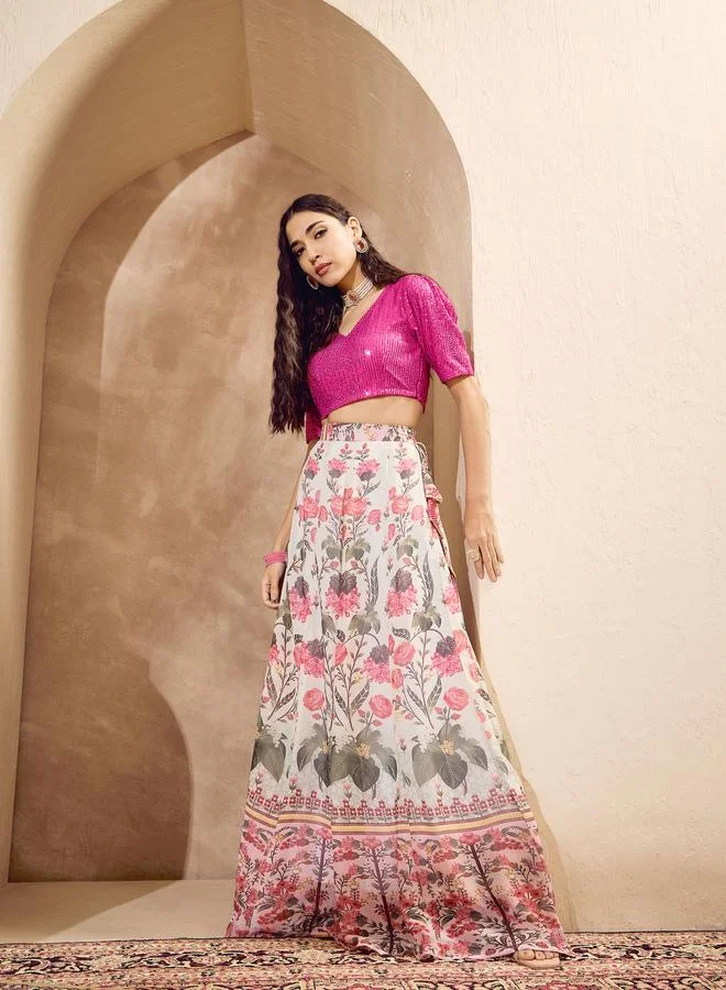 SASSAFRAS Sassafras Pink Sequins Crop Top with Floral Anarkali Skirt Co-Ords
