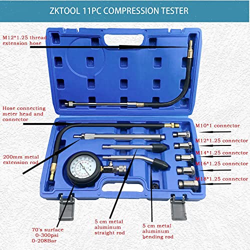 ZKTOOL 11PC Compression Tester, Automotive Engine Compression Tester Adapter Kit, Engine Cylinder Leak Down Compression Test Motor Pressure Gauge. (All Vehicles). - Image 2