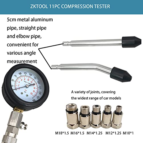 ZKTOOL 11PC Compression Tester, Automotive Engine Compression Tester Adapter Kit, Engine Cylinder Leak Down Compression Test Motor Pressure Gauge. (All Vehicles). - Image 4