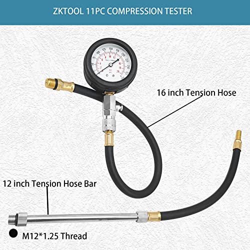 ZKTOOL 11PC Compression Tester, Automotive Engine Compression Tester Adapter Kit, Engine Cylinder Leak Down Compression Test Motor Pressure Gauge. (All Vehicles). - Image 3
