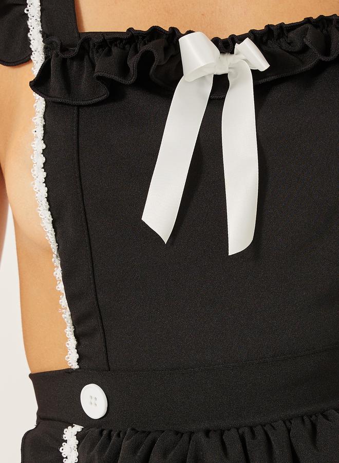 Styli Contrast Satin Bow and Piping Apron Dress Up Babydoll and Thong Set - Image 2