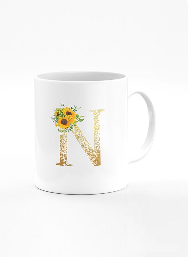Stylizedd Designer Printed Coffee Mug 11oz Ceramic Personalised Gift Mugs Cup Custom Monogram Initial Letter Floral Pattern Alphabet N (White) - Image 1