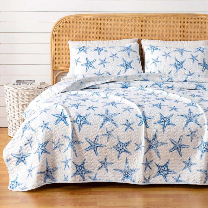 King Coastal Quilt Bedding Set Summer Coastal Quilt with Shams Beach 3Piece Reversible All Season Bedspread Quilt Set Lightweight Nautical Quilted Coverlet Trinidad Collection Blue