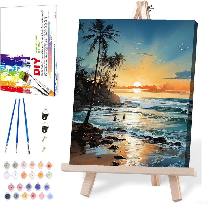 MIRCVSH Beach Paint by Number Kit, Framed Landscape for Adults, 12x16 Inch on Canvas with Wooden Easel - Image 1