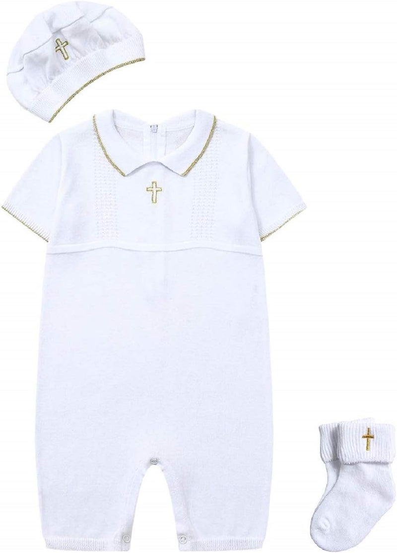 HAPIU Baby Boy Baptism Outfit with Hat and Socks,Christening Outfit-Cross Detail - Image 1