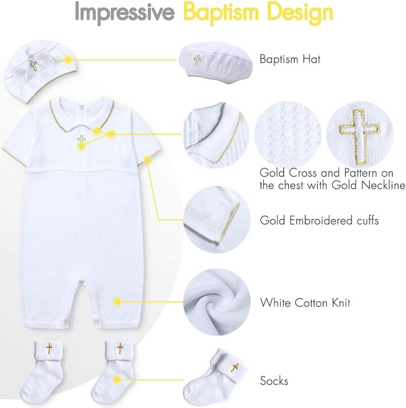 HAPIU Baby Boy Baptism Outfit with Hat and Socks,Christening Outfit-Cross Detail - Image 4