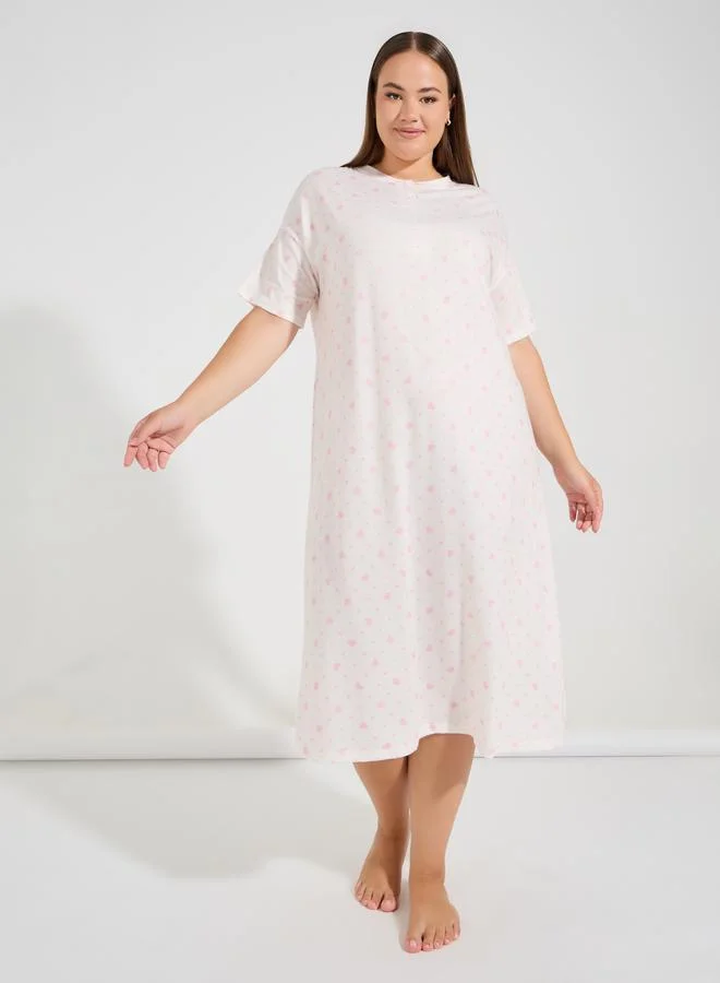 Styli Plus Size Heart & Spot Print Drop Shoulder Night Dress